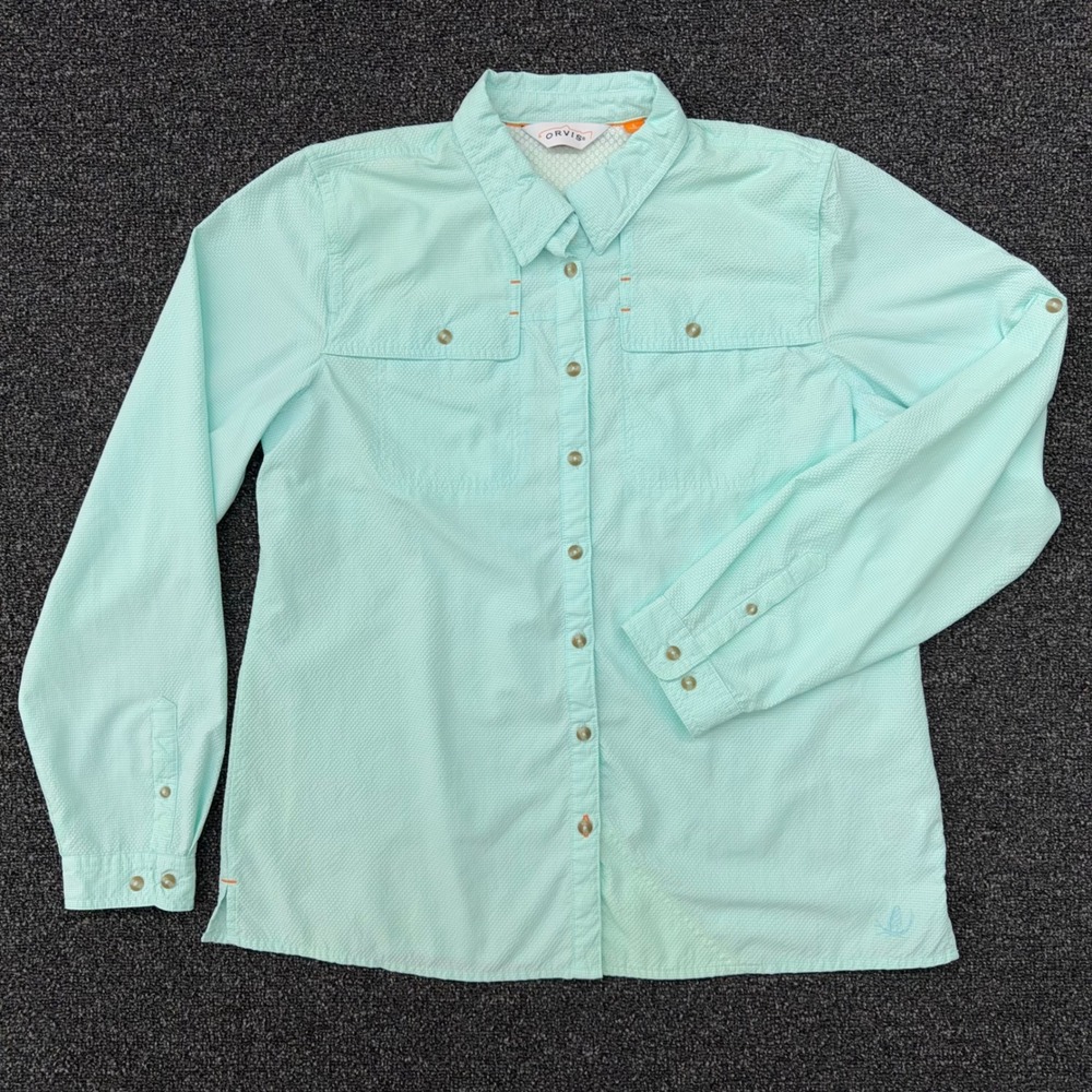 Orvis Womens Vented Fishing Shirt Mint Green Gingham Long Sleeve Roll Tab Large